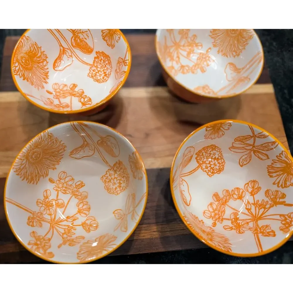 Stoneware Botanical Bowls, set of 4, New, Orange!